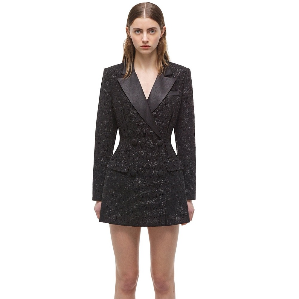 Self Portrait NWT Double Breasted V Neck Black Metallic Woven Blazer Dress Us 6